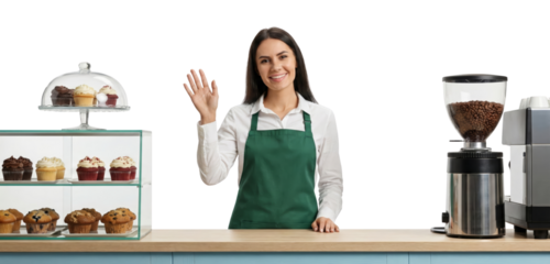 friendly barista woman in apron greeting customers with desserts and coffee isolated on black