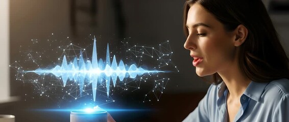 Caucasian woman using a voice assistant with a digital sound wave visual, demonstrating artificial intelligence and smart home technology - Powered by Adobe