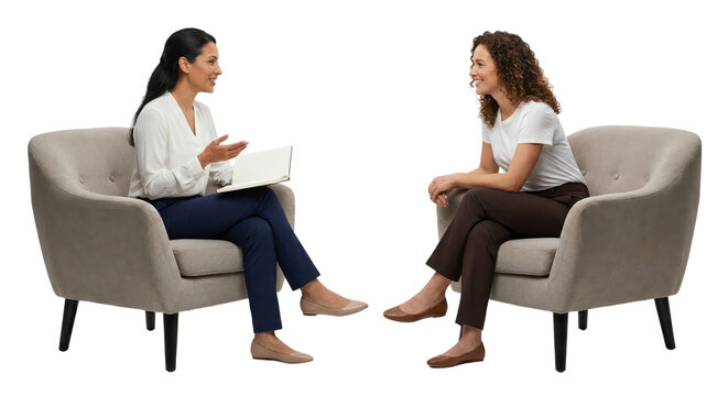 interview or counseling session between two women sitting on beige armchairs isolated with - Powered by Adobe