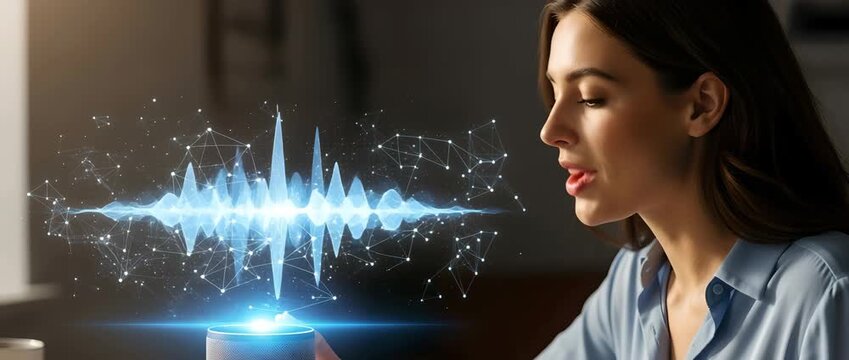 Caucasian woman using a voice assistant with a digital sound wave visual, demonstrating artificial intelligence and smart home technology