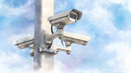 Security cameras watercolor illustration modern parking lot protection concept tranquil layered background