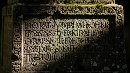 A close-up view of an ancient stone monument with mysterious inscriptions and carvings