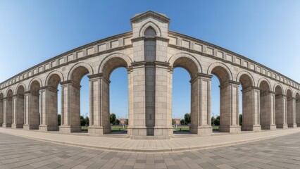 A panoramic view of a historic stone archway with columns under a clear blue sky
