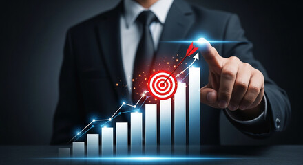 A businessman pointing towards a growing bar chart symbolizing target achievement and business success.