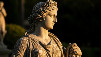 A close-up of an ancient stone statue of a woman in a serene outdoor setting.