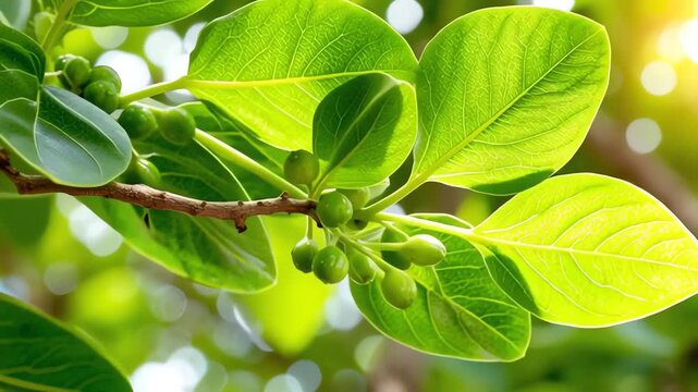 Serenely growing in soft daylight, this stunning ashwagandha plant boasts vibrant green leaves and delicate berries, perfect for herbal medicine and wellness content