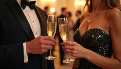 Elegant couple in formal wear clinks champagne flutes at fancy event. Man wears tuxedo with bow tie, woman wears sparkling dress, jewelry. Celebratory cheers with bubbly drinks amidst blurred party