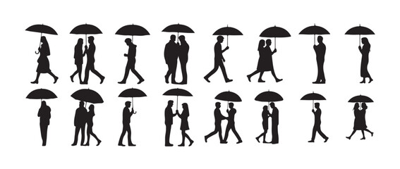 Romantic couple set. under umbrellas in rainy weather showing walking kissing running,  various poses including kissing, and sitting together. vector illustration eps 10