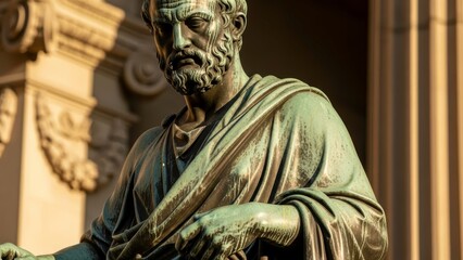 A close-up of a bronze statue of a bearded man in ancient Greek attire.