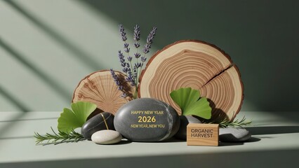 New Year 2026 organic harvest message on stones and wood