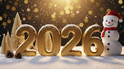 Happy New Year 2026 Golden Balloon Numbers with Cute Snowman. 3D Christmas Holiday Background