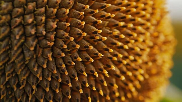 Close-up of a sunflower head showing the seeds and textures in detail.
