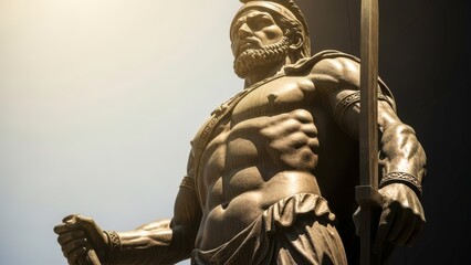 Fototapeta premium A bronze statue of a muscular warrior with a sword standing against a gray background