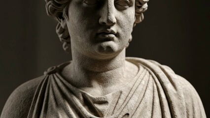 A close-up of an ancient stone statue of a man with a serene expression