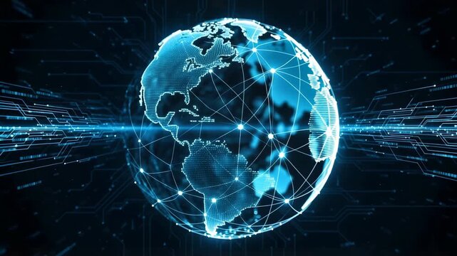 Blue digital earth globe rotates with glowing network connections on circuit board background. Global communication and technology concept.