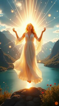Beautiful shining goddess levitating in the sky over amazing nature landscape with mountains and river. Stunning blond woman wearing long white dress. 