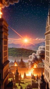 Camera flies to the bird showcasing wars, conflicts and destruction on Earth