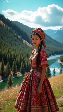 Beautiful young woman wearing traditional clothes surrounded by amazing summer landscape with mountains and river, vertical background 