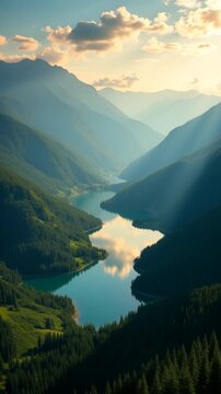 Aerial view from drone flying over breathtaking landscape with river, forest and mountains in summer. Nature background