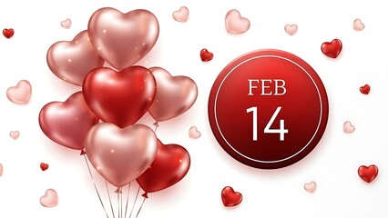 Heart shaped balloons with text february 14 on red circle and small hearts floating on white background design element for greeting card