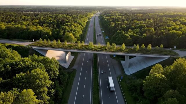 Aerial View of Wildlife Crossing Ecoduct Bridge Over Highway. Green Animal Safety Bridge in Forest