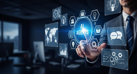 A businessman interacts with a futuristic holographic display featuring AI agents and global data.