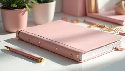 Stylish pink journal with gold accents, matching pen, and potted plants on desk. Stationery supplies arranged for organized work or study. Elegant female desk setup.