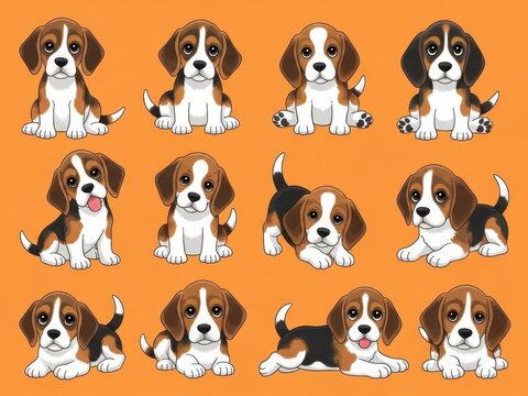 Cute beagle puppies in various playful poses on an orange background