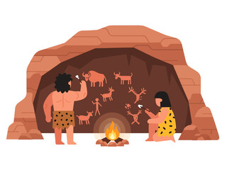 Two cave people, a man and a woman, are painting in the cave., vector illustration design