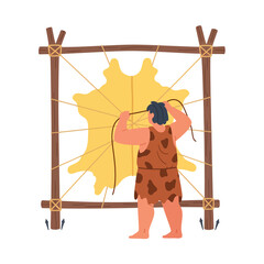 A cavemen are making clothes from animal skins, vector illustration design