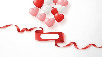 White background with a cluster of red, pink, and white heart balloons lifting a red curved ribbon banner with an empty white text box