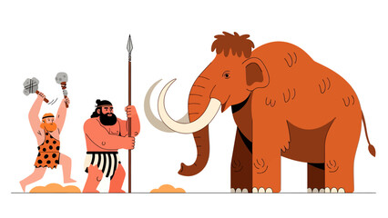 Two male cavemen are fighting a mammoth, vector illustration design