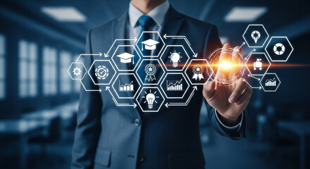 A businessman interacts with a hexagon network displaying interconnected business and education concepts.