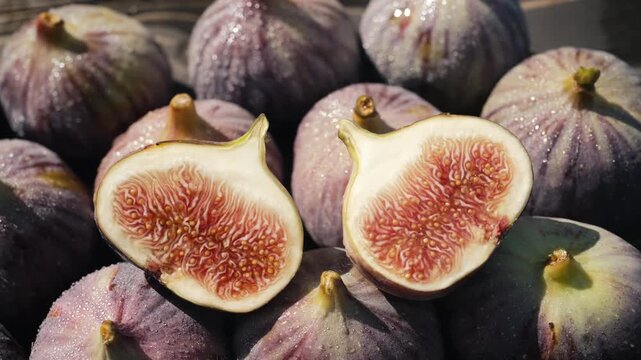 Fresh ripe figs, whole and sliced, juicy texture and vibrant pink flesh. Natural, organic fruit concept. Food, nutrition, healthy eating, vegan, lifestyle visuals. 