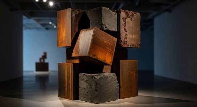 A large multiblock abstract sculpture comprising rusty metal and dark concrete cubes stands in a dimly lit gallery space
