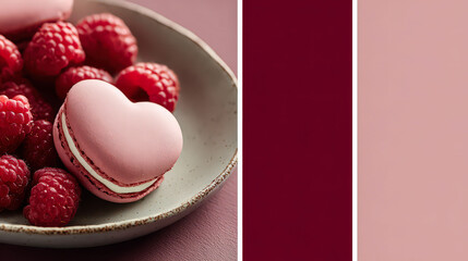 Plate of pink raspberries and a heart-shaped pastry. The plate is surrounded by a pink background, which creates a romantic and sweet mood