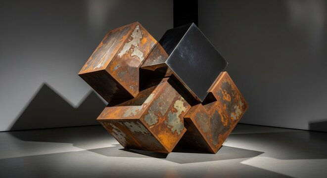 A large sculpture composed of interlocking rusted metal and polished dark metallic cubes sits on a grey floor with shadows