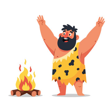 Vector illustration the caveman was happy to have fire