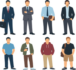 Diverse men in various professional and casual outfits, vector illustration
