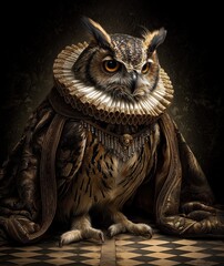 owl cast as a Shakespearean tragedian, perched like an actor mid-performance, wearing an Elizabethan cloak and ruff collar, feathers blending with rich fabrics, dark theatrical background