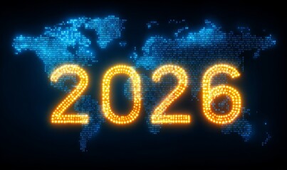 Digital World Map with Illuminated Year 2026 in Bright Orange and Blue Lights