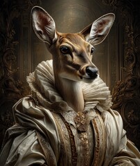 graceful deer depicted as a Shakespearean female role actor, wearing an elegant Elizabethan gown with lace collar and flowing sleeves, soft theatrical lighting