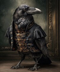 Raven bird cast as a dark Shakespearean dramatic actor, dressed in black Elizabethan attire with subtle gold embroidery, standing under stage lights, moody Renaissance atmosphere