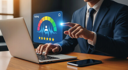 A professional uses a laptop to interact with a digital rating interface.