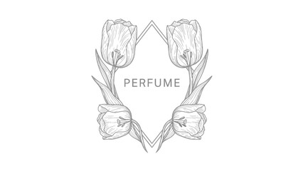 Fototapeta premium Elegant floral perfume logo design with tulips and geometric frame