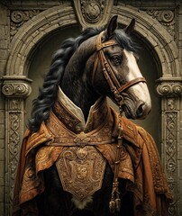proud horse portrayed as a noble Shakespearean actor, wearing an Elizabethan cape and decorative breastpiece, mane flowing like costume fabric, grand stage architecture behind