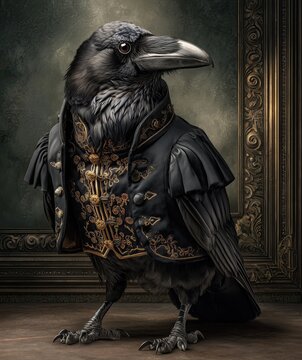 Raven bird cast as a dark Shakespearean dramatic actor, dressed in black Elizabethan attire with subtle gold embroidery, standing under stage lights, moody Renaissance atmosphere