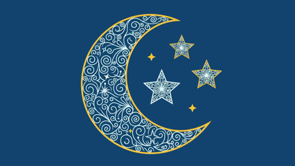 Ornate Crescent Moon and Stars on Dark Blue Background