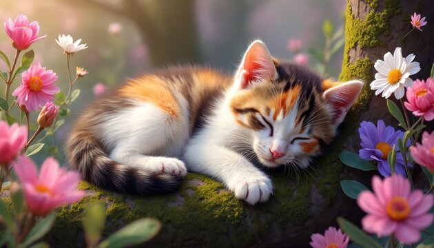 Calico kitten sleeps peacefully on moss covered tree branch amidst colorful spring flowers. Cute fluffy cat takes nap in nature garden. Adorable furry pet rests surrounded by blossoms.