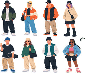 Diverse group of young adults in stylish streetwear outfits